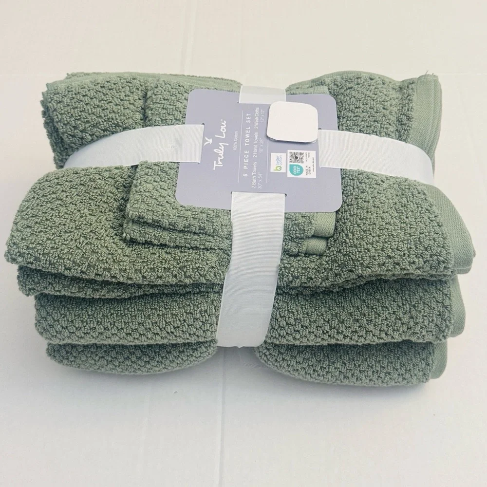 6pc TRULY LOU 100% Cotton Bath Towel Set - OILGRN